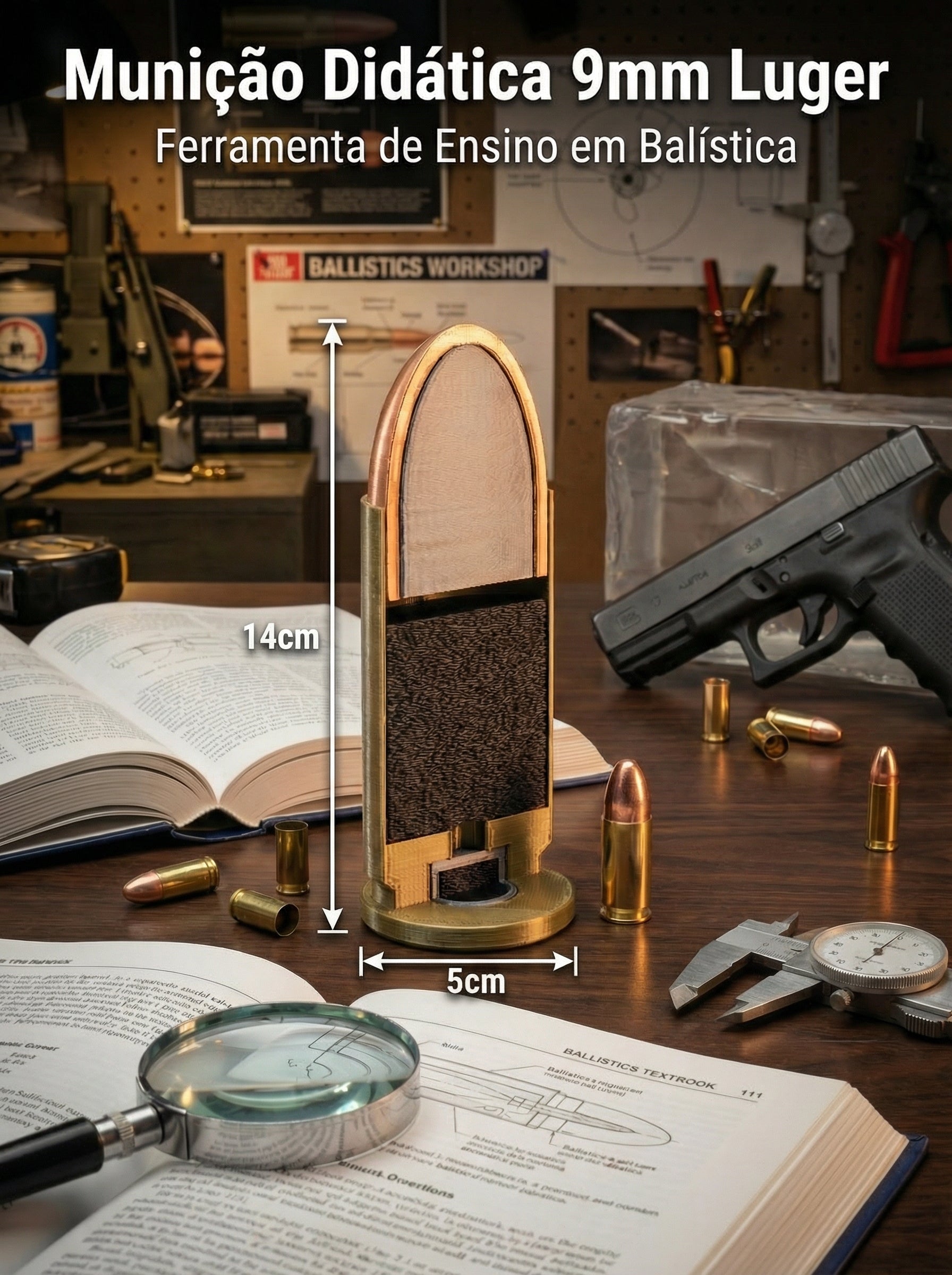 Cartucho - 9mm Luger Didático E Decoração Corte Transversal